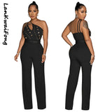 Leisure Party Women's Pants Slim Fit One Shoulder Off Back Solid Color Beaded Sexy Elegant Jumpsuit-Outfit