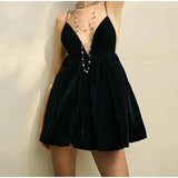 Velvet V-Neck Backless Strap Mini Dress-Outfit