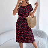 Day Gift Spring And Summer Casual Love Short Sleeves To Close The Waist 100-Fold Dress Women's