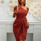 Inclined Shoulder Solid Sleeveless Belt Party