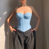 Chest Cup Imitation Denim Blouse 2023 Autumn New Spicy Girls Chest Girdle Waist Display Blouse-Outfit