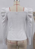Fongt New Women's Lace Lace Decorated With Bubble Sleeves Long Sleeves V-Neck T-Shirt Slim