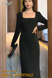 Midi Dress Spring Summer 2023 New Elegant Fashion Office Lady Long Sleeves Solid Color Women Slim Party Clothes
