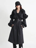 Fongt Street Wind Long Coat Tide 2024 Spring Lapel Long Sleeve Wooden Ear Decorative Splicing Lace Windbreaker-Outfit