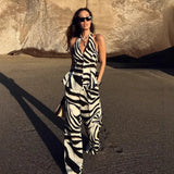 Fongt Women's Explosive Zebra-Shed Linen-Blend Vest Broad-Legged Casual Trousers