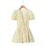 New Yellow Flower V-Neck Short-Sleeved Mini Dress-Outfit