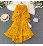 Fongt Fairy Seaside Holiday Chiffon Dress Female Lotus Lace V Collar Temperament Folded Waist Thin Swing Dress