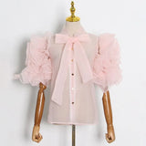 TWOTWINSTYLE Solid Casual Shirt For Women Bow Collar Long Sleeve Patchwork Ruffles Lace Perspective Shirts Female 2022