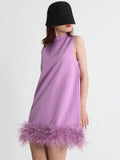Fongt Design Sense Solid Color A-Line Skirt 2024 Spring Round Collar Sleeveless Hem Ostrich Hair Decoration Loose Dress-Outfit