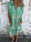 Fongt New Summer Loose Leisure Short-Sleeved Cotton Shirt Pocket Print Dress Woman