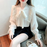 Ruffles Summer Women's Blouse Slim Fit Chiffon Shirt Beaded Long Sleeve Casual Top New Fashion Female 2022 Korean Style