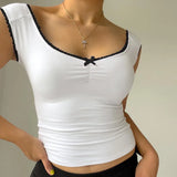 Trend Sweet And Spicy Style Small Sexy V-Collar Bow Splicing Color Slimming Vest T-Shirt 2024 Spring / Summer New Style-Outfit