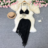 Fongt Ins Vacation Style Suit Female Design Sense Bikini Hanging Neck Vest Versatile Tassel Skirt Knit Two Sets-Outfit