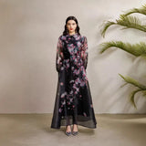 Fongt Court Dress Female Senior Sense Strap To The Waist Lantern Sleeve Print Single Buckle Mesh Elegant Dress