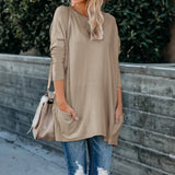 Wise Women's New Round Collar Long Sleeve Pocket T-Shirt Top-Outfit