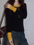 Fongt Design Sense Black Collar Splicing Woman 2025 Autumn High-End Temperament Waist Repair Knitted Long-Sleeved Top