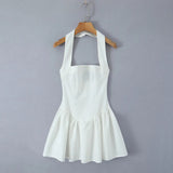 Solid Halter Slash Collar Mini Dress-Outfit