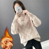 Thicken Plus Velvet Sweaters For Women Casual Warm Knit Pullovers Korean Fleece Lined Knitwear Ribbed Bottomed Tops
