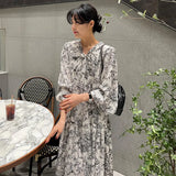Fongt Chic Spring French Vintage V-Tie Bow Ink Print Design Loose Long Sleeve Dress-Outfit