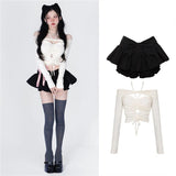 Spring Off Shoulder White Crop Top Women's Black Mini Pleated Skirt Cute Two 2 Piece Outfits for Shorts Set Women Shirts-Outfit