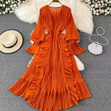 Fongt Fairy Seaside Holiday Chiffon Dress Female Lotus Lace V Collar Temperament Folded Waist Thin Swing Dress