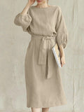 Dress Women 2023 New Cotton Linen Solid Lace Up Casual Oversize O Neck Chic Long Sleeve Midi Dresses for Women with Belt-Outfit