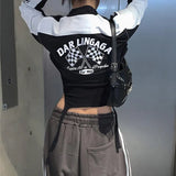 Fongt Cool Girl Motorcycle Wind Splicing Print Bump Color Jacket Women's New Standing Collar Zipper Cardigan Short Coat-Outfit