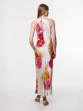 Fongt Women's Sexy Elegant Holiday Style Print Hanging Neck Tie Long Open Dress