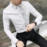 New Shirt Men High Quality Lace Patchwork Long Sleeve Slim Fit Tuxedo Shirt Casual Solid Hairstylist Work Shirts For