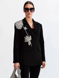 Fongt Sense French Retro Coat 2024 Autumn New Lapel Long Sleeve Rhinestone Stitching Flower Design Suit Woman-Outfit