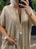 Hipster Loose Sequins V-neck Short Sleeve Casual