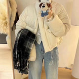 Korean Version Vertical Collar Down Jacket Women's Short Style 2024 Winter New Thickened Warm White Duck Velvet Large Pocket Bread Coat-Outfit