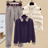 Winter Warm Matching Suits For Womens Knitted Sweater+parkas Vest+tweed Pants Sets Office Ladies Elegant Three Pieces