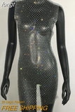 Sale Fishnet Bling Crystal Diamonds Dress Grid Sleeveless O Neck Sexy See Through Women Skinny Mini Dresses Night