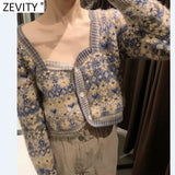 2021 Women Vintage Square Collar Flower Print Jacquard Knitting Sweater Female Long Sleeve Chic Cardigans Coat Tops