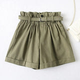 Women Elegant Solid High Waist Shorts with Belt Pockets Female Retro Basic Casual Shorts Pantalones