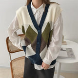 2021 New Autumn Winter Women Sweaters Sleeveless Oversized Plaid Vintage Vest Checkered Waistcoat Lady Tops