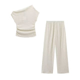 Fongt New Women's Clothing Texture Asymmetric Blouse High-Waisted Trouser Set Short-Sleeved