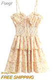 Spaghetti Strap Floral Mini Dress Casual Summer Boho Beach Style Sundresss Women Elegant Waist Hollow Out
