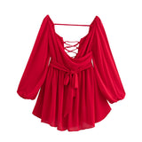 Fongt Explosive Women's Temperament V Neck Shoulder Sleeves Tethered Waist Dress