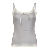 Harajuku Grey Lace Patchwork Crop Top Cute Bow Strap Tops Women Vintage 2000s Summer Tees Y2k Basic Street Style Fashion-Outfit