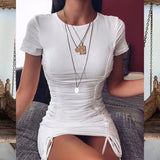 Ruched Pleated Bodycon Dress Women Drawstring Short Sleeve Mini Party Dress Solid Basic Skinny Casual Dress