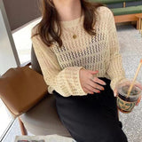 New Lazy Wind Round Collar Hollowed-Out Hook Flower Long-Sleeved Sweater Sunscreen Clothing-Outfit