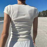 Sense Lace Asymmetrical Solid Color T-Shirt Basic Simple Casual U-Collar Slim Blouse 2024 Summer Fashion-Outfit
