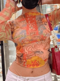 Anime Printed Long Sleeve Mesh Crop Top-Outfit