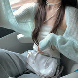 Women Spring Summer Soft Sweaters Cardigans Lady Solid Shawl Female Long Puff Sleeve Short Knitted Coat-Outfit