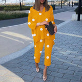 Bohemian Summer Polka Dots Printed Holiday Matching Sets Long Sleeve O-Neck High Low Blouse Femme Fashion Casual