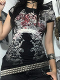 Fongt Gothic Printed Round-Neck T-Shirt Girl 2025 Station Personality Hottie Trend Girl Decor Short-Sleeved Top