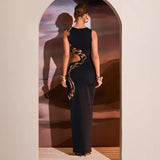 Women's 2024 Summer New Sexy Slim Slit Long Skirt Hollow Dress Sexy Party Dress Club Clothing-Outfit