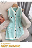 Style Women Elegant Sleeveless V-neck Striped Patchwork Dresses 2023 Summer Classic Slim Pockets Camisole Mini